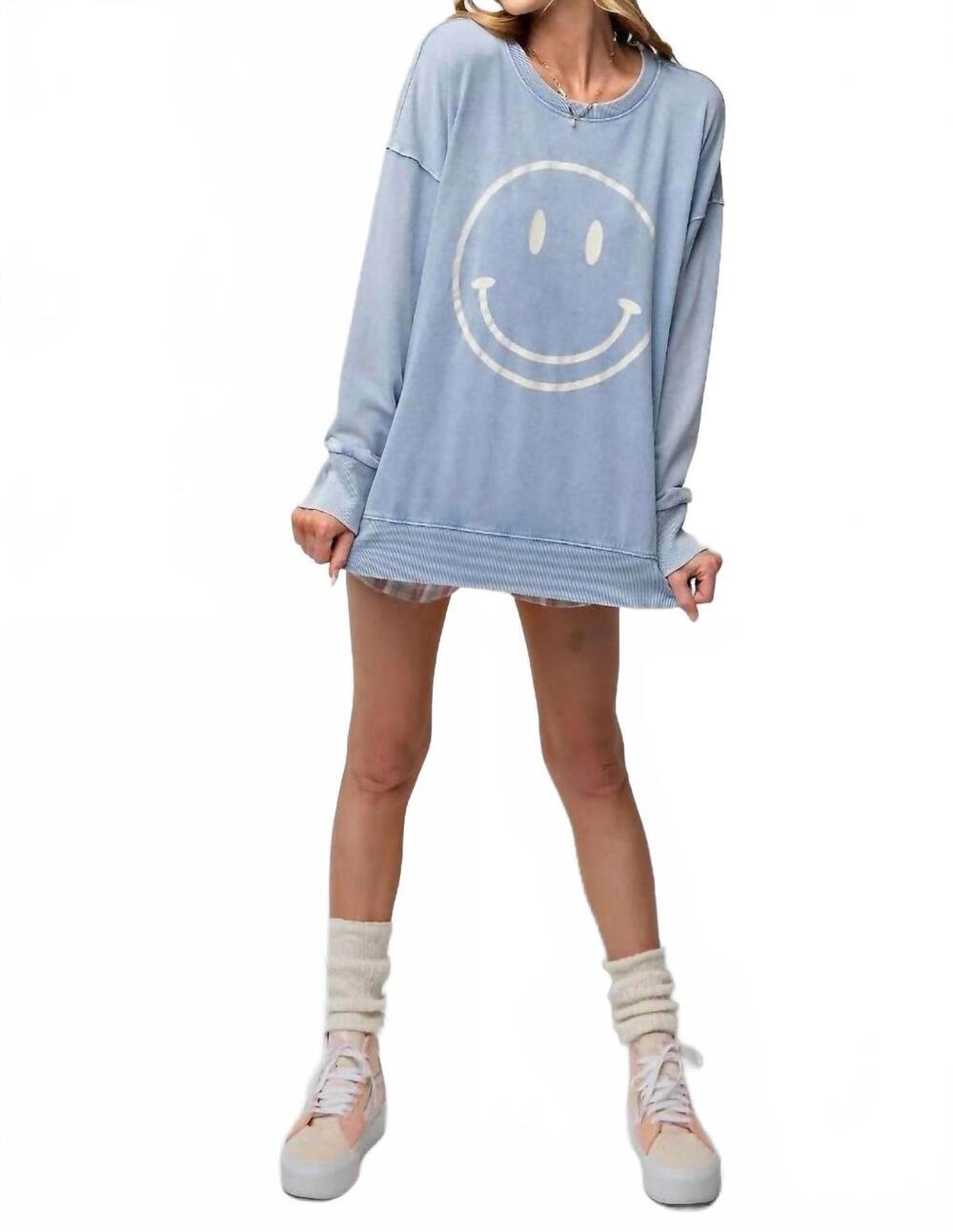 NEW EASEL mineral wash smiley happy face pullover - curvy in peri blue